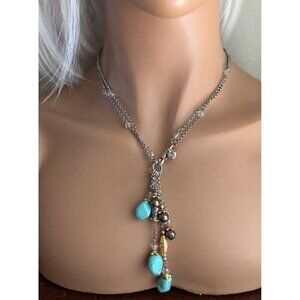 Brighton PERSIANA Y Drop Necklace Gold Silver Faux Turquoise Long Chain 34"